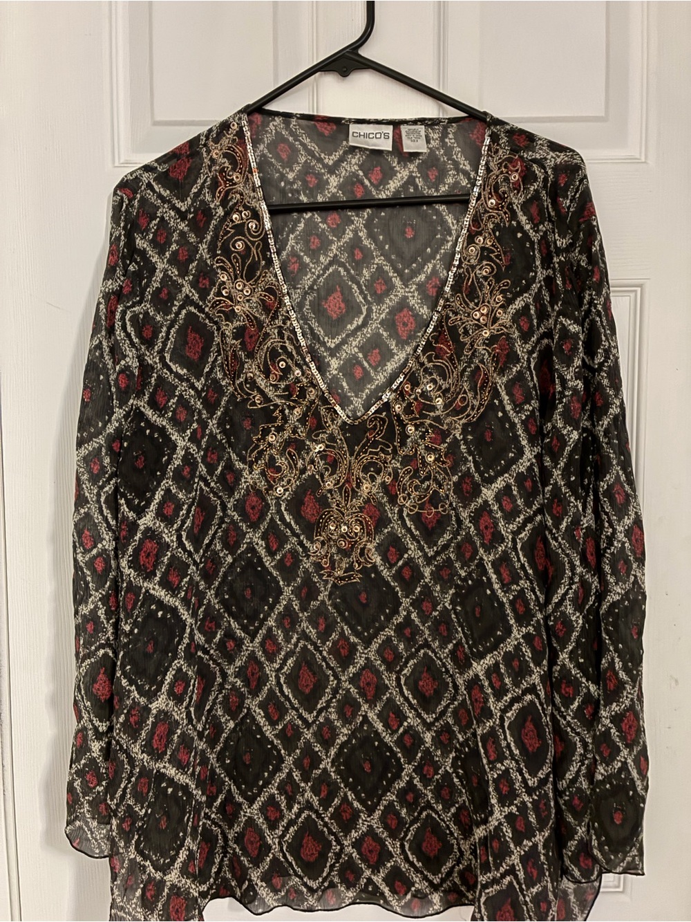 Chico's Black with Burgundy & Gold Embroidered V-Neck Tunic